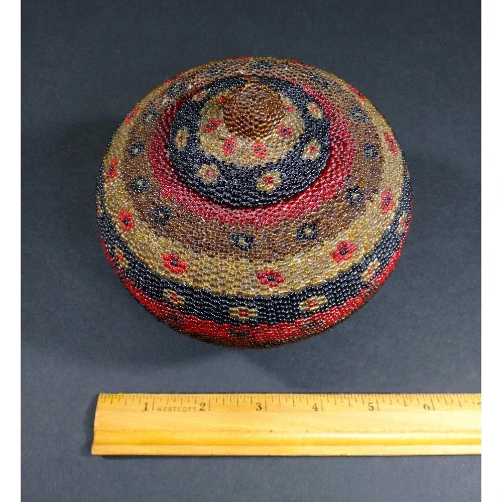 decorative folk art multicolor BEADWORK BASKET w Lid handcrafted Bali Indonesia